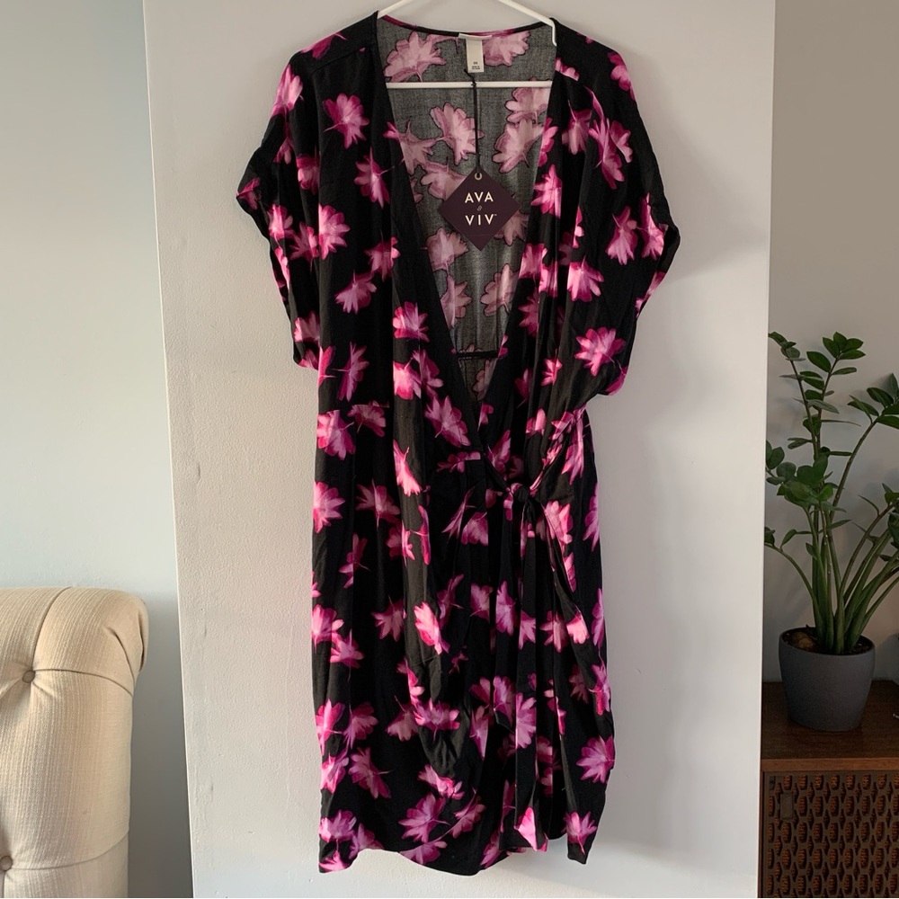 Ava Viv Wrap Dress V Neck Above Knee Short Sleeve Black Pink Floral Size 2X